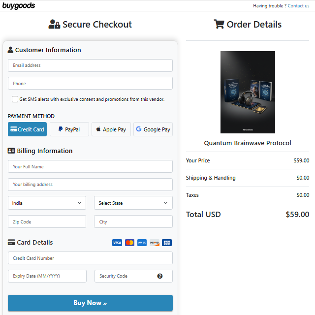 Quantum Brainwave Protocol checkout page screenshot